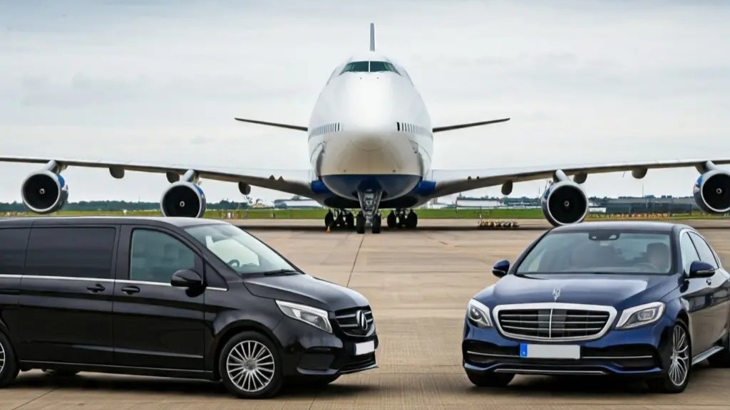 adana-havalimani-vip-transfer Adana Havalimanı Vip Transfer hizmeti veren 2 araç bir uçağın önünde duruyor